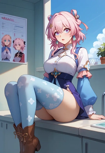 star rail,march 7th,shirt dress,belted,stockings  - AI generated anime art